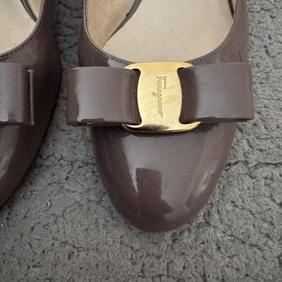 Salvatore Ferragamo Varina Patent Leather Bow Gold Mauve Flats Women's Size 9 B - Picture 5 of 14